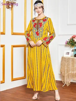 2021 Plus Size Haljina za Žene Etnički Print Vez Haljine Dugih Rukava Slobodan Turska Dubai Arapska Muslimanska Odjeća Žuta