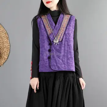 2023 etnički stil, starinski prsluk pamuk s vezom, ženski zimski kineski stil, bluzu s v-izrez, čajna jakna, pamuk lana prsluk g965
