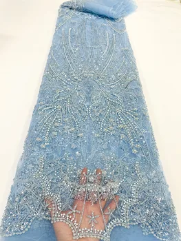 2023 Svijetlo Plava Elegantan Teške cvjetne čipke Tkanine, Šljokice Zrna S Perlicama Нигерийская 3D Vez Nadvoji cvjetne čipke Tkanina Za Vjenčanica