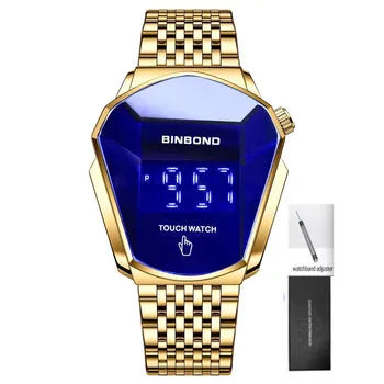 Binbond Popularni modni moto konceptualni gospodo kvarcni satovi koje ostavljaju čeličnim remenom, mrežaste sat, zaslon osjetljiv na dodir, kutija i наперсток
