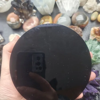 bogati prirodni crni kamen opsidijan krug disk je okrugla ploča фэншуй ogledalo za kućni ured dekor Besplatan nosač