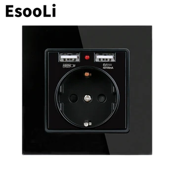 EsooLi Black USB Utičnica EU Utičnica za Napajanje Bijela Kristalna Staklena Ploča za Dvostruki USB Priključak Za Punjenje 2.1 A 16A Rusija Španjolska