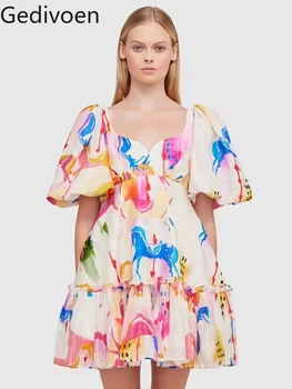 Gedivoen 2022 Ljetno Donje Moderan Dizajn Mini haljinu Pary s Rukava-svjetiljku, Prekrasne Svečane Haljine sa po cijeloj površini i Nabora