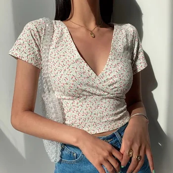 Ljetna moda seksi majica s V-izrez i kratkim rukavima u stilu retro s cvjetnim uzorkom, облегающая divlja t-Shirt s visokim strukom, ženski top, skraćeno top