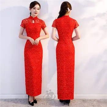 Novi Kineski Stil Za Žene Cheongsam Šljokice Čipka Show Odijelo Duge Haljine Sezone: Proljeće-Ljeto Qipao Tanak Vjenčanje Retro Haljina Za Modnu Pistu