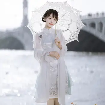 Originalni dizajn, Cvijet u ogledalu, Ženske haljine Chipao Cheongsan u kineskom stilu, cijela haljina dugih rukava i šal
