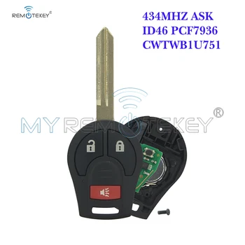 Remtekey H0561-C993A Daljinski ključ 2 + 1 gumb 434 Mhz CWTWB1U751 s 46 čip za 2008-2013 Nissan Cube Rogue