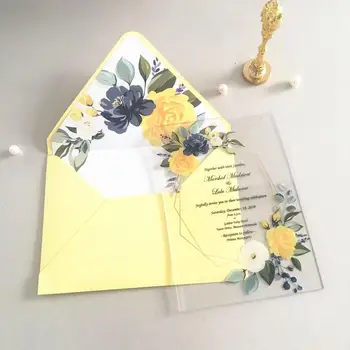 Žuti Cvijet Akril Vjenčanje Pozivnice Razglednice Veleprodajna Cijena Proizvodnja Vjenčanje Koristi Laser Za Rezanje Tisak Pozivnice Razglednice