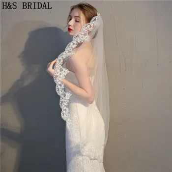 H & S Bridal 2018 Jeftina Veo Vjenčanje Kratki Veo jednoslojni čipkom na rubu, bijela, Velovi Vjenčanje Vjenčanja Veo Veu de Noiva velos de novia