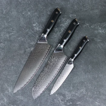 JUNSHENG 67-слойный kuhinjski nož iz damast čelika, set noževa kuhar iz 3 predmeta, G10, multifunkcionalni voćni nož sa zakovicama šljiva