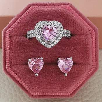 kit Nakit za mladenku srebrne boje, 2 kom, Vjenčani prsten halo, okrugle naušnice-roze za vjenčani dar J6358-pink