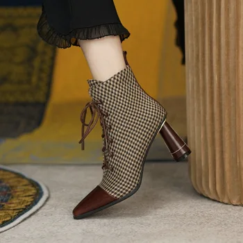 LALA IKAI/jesensko-zimske čizme Martin u francuskom stilu u retro stilu čipka-up, ženske остроносые čizme na visoku petu, kratke čizme s отстрочкой
