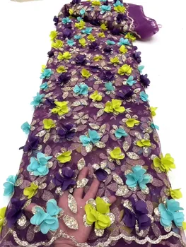 Luksuzna Ljubičasta cvjetne čipke Tkanina s 3D Bojama Nigerija 2022 Mreža Za Vezenje Perle Afrička Vjenčanje Tkanina