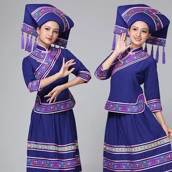 Orijentalni ples odjeća za etničke manjine, Posebna modna odjeća hmong, Haljina Yao, Kostime za kineskih narodnih plesova, Šešir + Jakna + Suknja