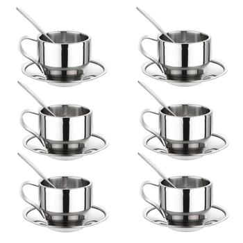 Set od 6 šalica kave s tanjur i žlicu, bubalo s dvostrukim stijenkama od nehrđajućeg čelika, Čajne šalice za latte Cappuccino 125 ml/4,2 oz