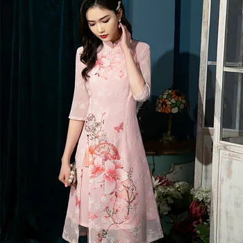 Sezone: Proljeće-Ljeto Šifon Za Žene Qipao Sekularna Etiketa Dama Haljina Tradicionalna Kineska Ženska Vez Klasični Cheongsam