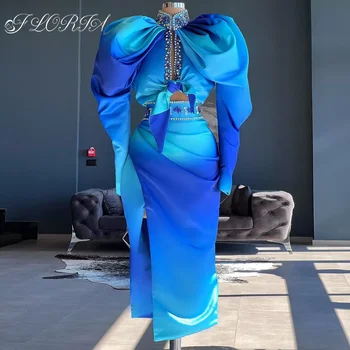 Visoka Moda Dvojka Haljina Za Prom Plava Gradijent Bujne Rukava Kristal Gorski Kristal Top Čaj Duljina Suknji Haljina Koktel Žena